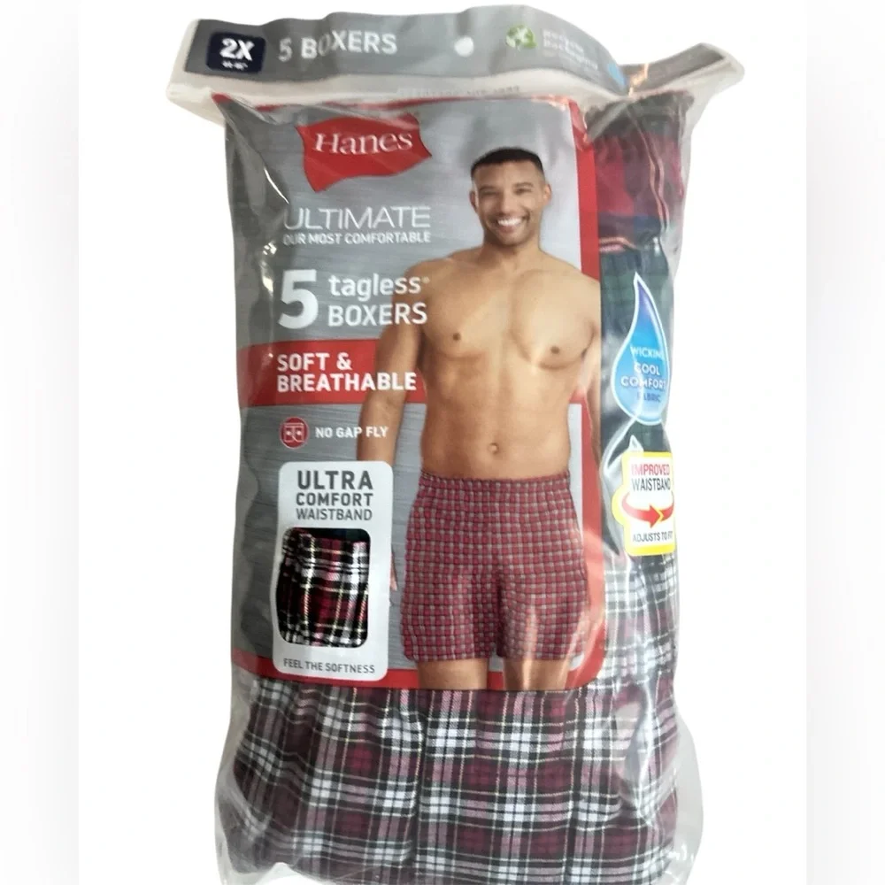 Hanes Men’s Tagless Boxers Set of Five Size 2X New in Package